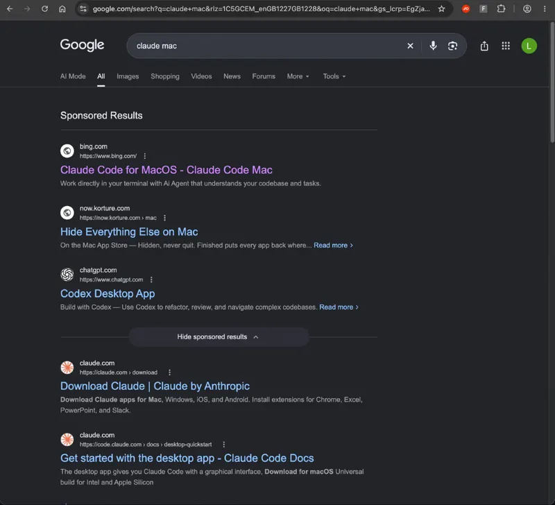 Реклама Google для «claude mac» із доменом bing.com